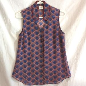 Cabi | Sleeveless Lightweight Button Front Asian Influence Red Blue Ivory | S